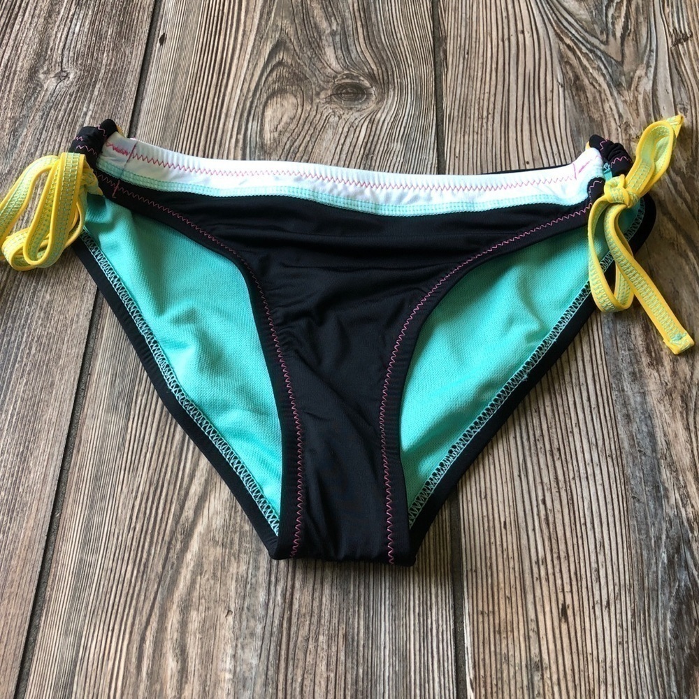 Hobie Black Pink Stitch Hip Tie Bikini Bottoms Swimsuit 14 Swim